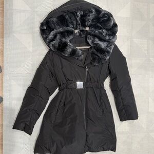 Linda Richards Black Hooded Coat with Fur Trim
